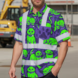 Hi Vis Hawaiian Shirt Reflective Tapes Violet Green Cat Custom Name Safety Workwear For Workers, Truckers, Operators