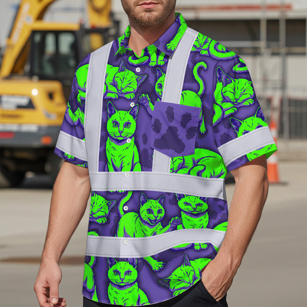 Hi Vis Hawaiian Shirt Reflective Tapes Violet Green Cat Custom Name Safety Workwear For Workers, Truckers, Operators