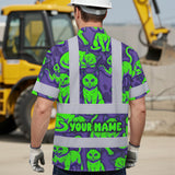 Hi Vis Hawaiian Shirt Reflective Tapes Violet Green Cat Custom Name Safety Workwear For Workers, Truckers, Operators