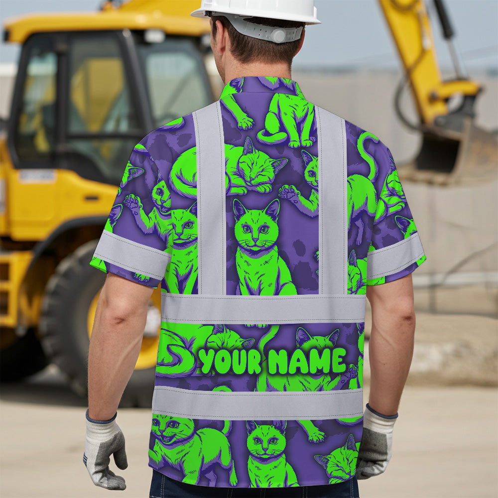 Hi Vis Hawaiian Shirt Reflective Tapes Violet Green Cat Custom Name Safety Workwear For Workers, Truckers, Operators