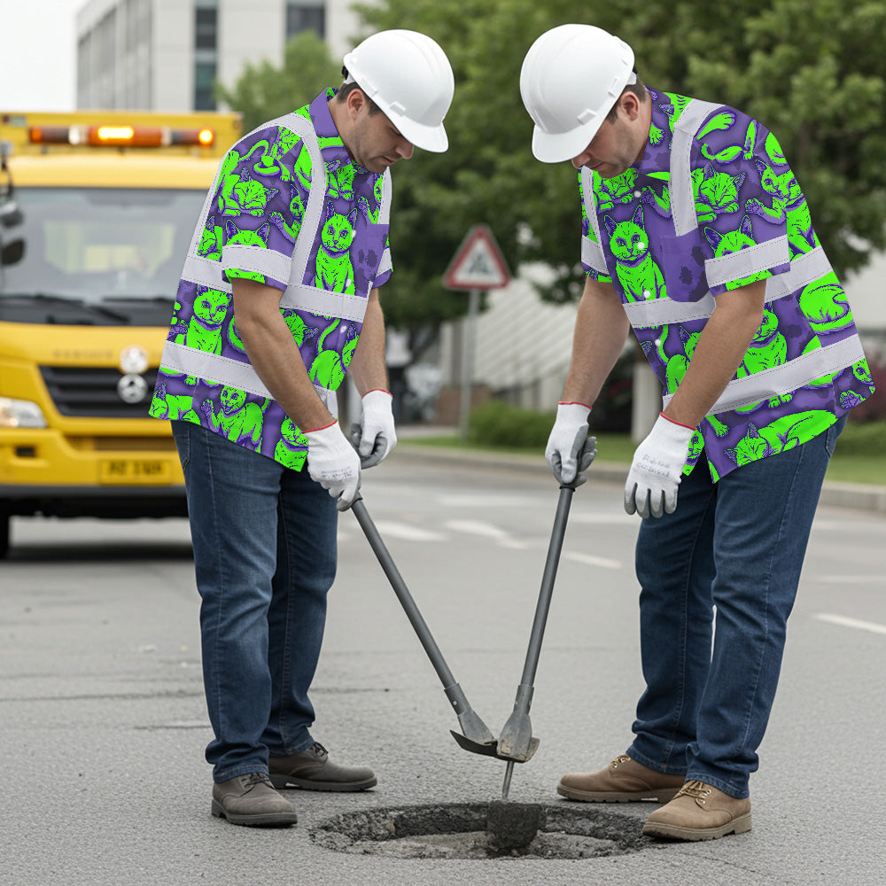 Hi Vis Hawaiian Shirt Reflective Tapes Violet Green Cat Custom Name Safety Workwear For Workers, Truckers, Operators