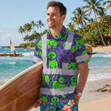 Hi Vis Hawaiian Shirt Reflective Tapes Violet Green Cat Custom Name Safety Workwear For Workers, Truckers, Operators