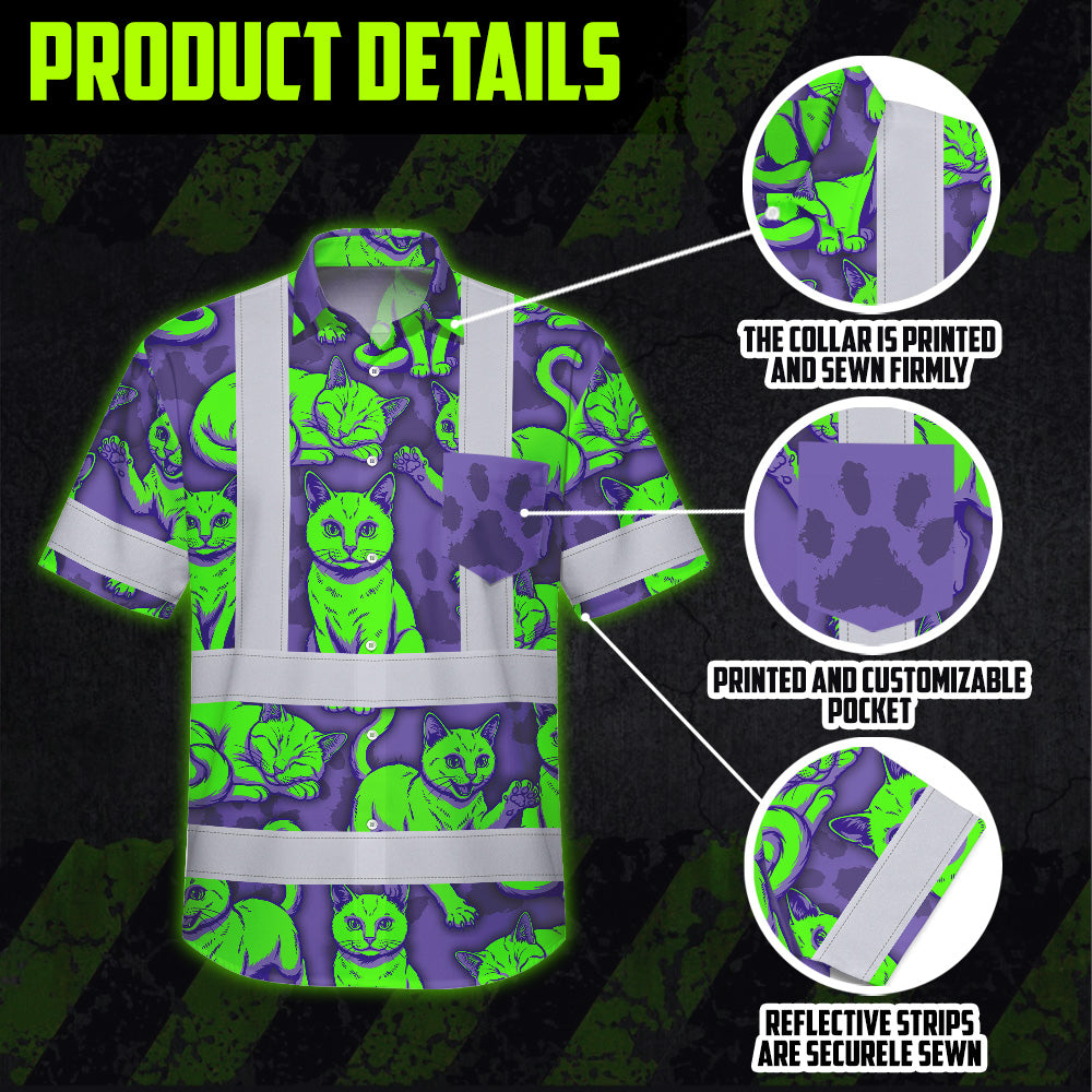 Hi Vis Hawaiian Shirt Reflective Tapes Violet Green Cat Custom Name Safety Workwear For Workers, Truckers, Operators