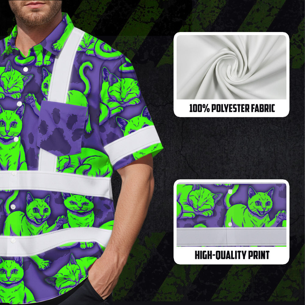 Hi Vis Hawaiian Shirt Reflective Tapes Violet Green Cat Custom Name Safety Workwear For Workers, Truckers, Operators