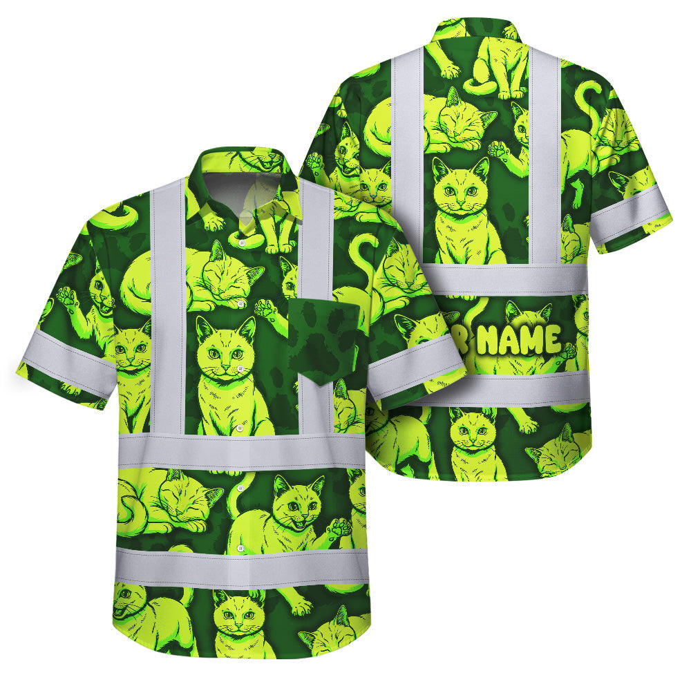 Hi Vis Hawaiian Shirt Reflective Tapes Lime Green Cat Custom Name Safety Workwear For Workers, Truckers, Operators