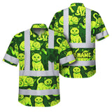 Hi Vis Hawaiian Shirt Reflective Tapes Lime Green Cat Custom Name Safety Workwear For Workers, Truckers, Operators