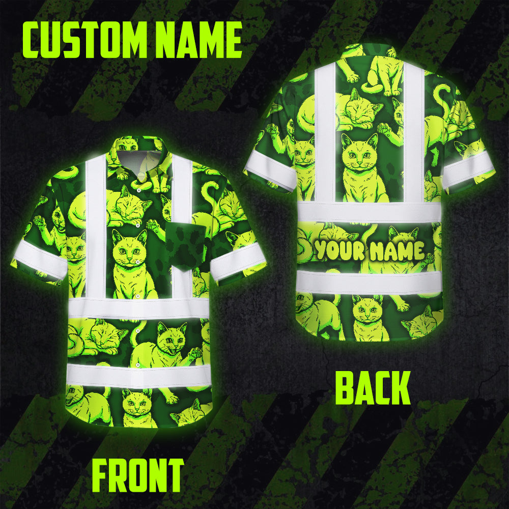 Hi Vis Hawaiian Shirt Reflective Tapes Lime Green Cat Custom Name Safety Workwear For Workers, Truckers, Operators
