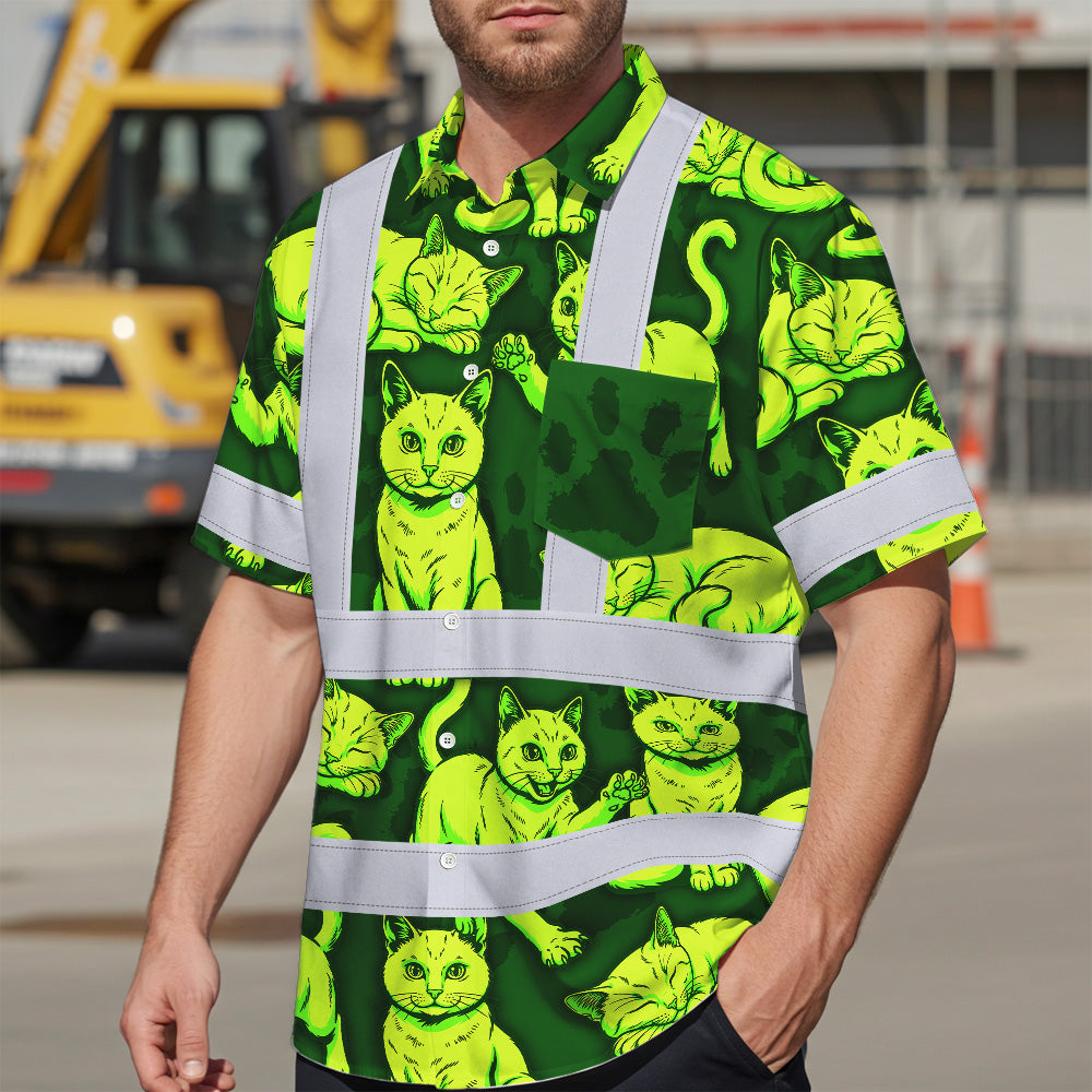Hi Vis Hawaiian Shirt Reflective Tapes Lime Green Cat Custom Name Safety Workwear For Workers, Truckers, Operators