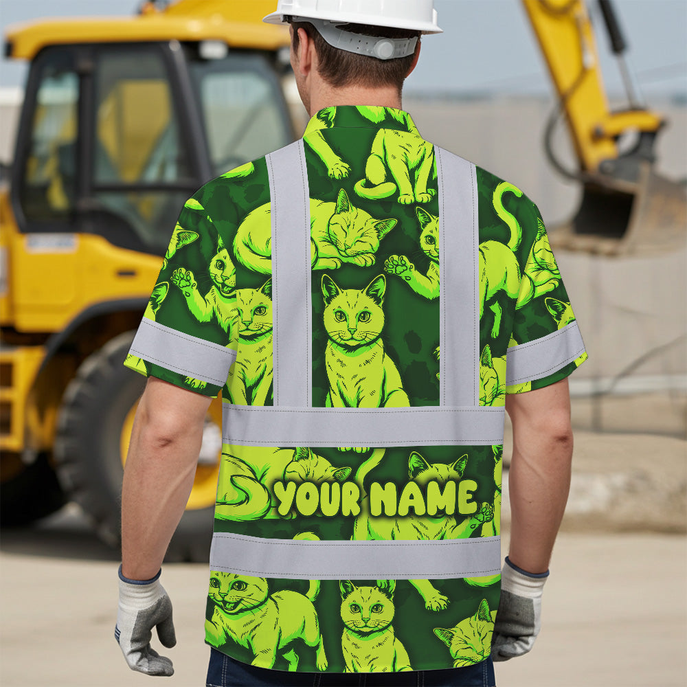 Hi Vis Hawaiian Shirt Reflective Tapes Lime Green Cat Custom Name Safety Workwear For Workers, Truckers, Operators