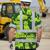 Hi Vis Hawaiian Shirt Reflective Tapes Lime Green Cat Custom Name Safety Workwear For Workers, Truckers, Operators