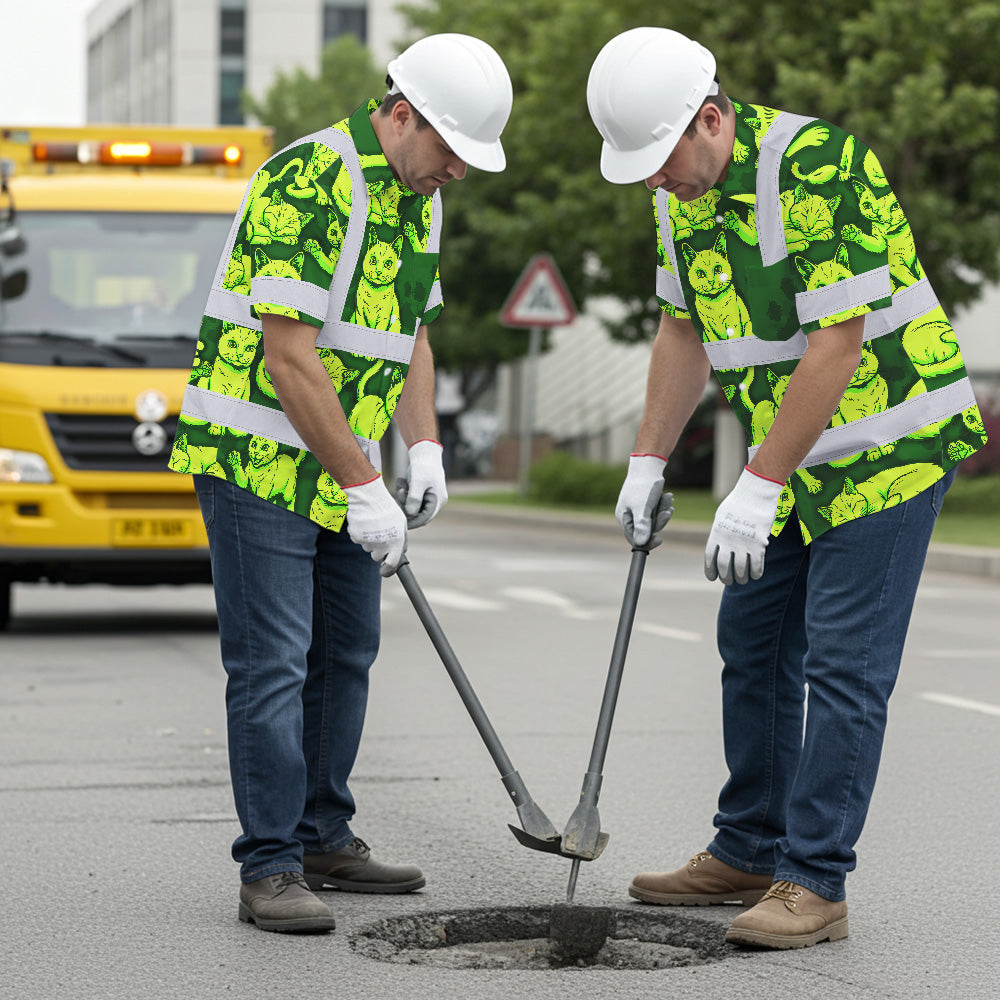 Hi Vis Hawaiian Shirt Reflective Tapes Lime Green Cat Custom Name Safety Workwear For Workers, Truckers, Operators
