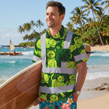 Hi Vis Hawaiian Shirt Reflective Tapes Lime Green Cat Custom Name Safety Workwear For Workers, Truckers, Operators