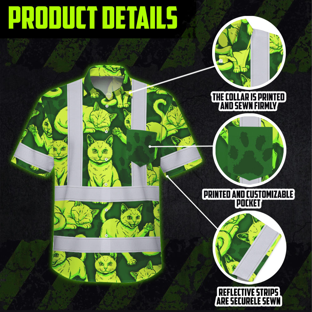 Hi Vis Hawaiian Shirt Reflective Tapes Lime Green Cat Custom Name Safety Workwear For Workers, Truckers, Operators