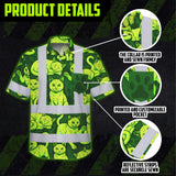 Hi Vis Hawaiian Shirt Reflective Tapes Lime Green Cat Custom Name Safety Workwear For Workers, Truckers, Operators