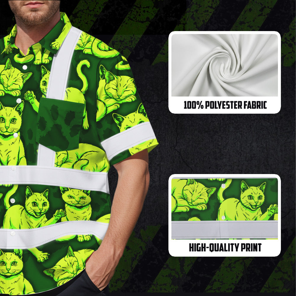 Hi Vis Hawaiian Shirt Reflective Tapes Lime Green Cat Custom Name Safety Workwear For Workers, Truckers, Operators