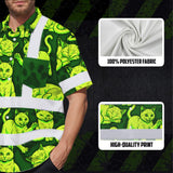 Hi Vis Hawaiian Shirt Reflective Tapes Lime Green Cat Custom Name Safety Workwear For Workers, Truckers, Operators