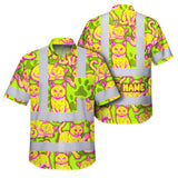Hi Vis Hawaiian Shirt Reflective Tapes Yellow Pink Cat Custom Name Safety Workwear For Workers, Truckers, Operators