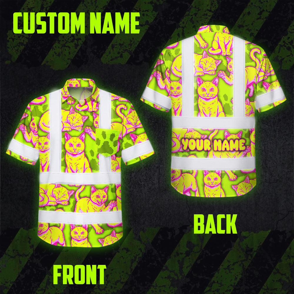 Hi Vis Hawaiian Shirt Reflective Tapes Yellow Pink Cat Custom Name Safety Workwear For Workers, Truckers, Operators