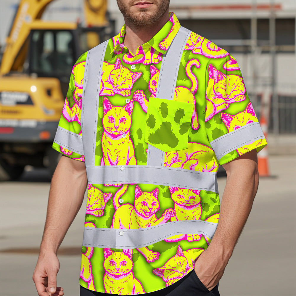 Hi Vis Hawaiian Shirt Reflective Tapes Yellow Pink Cat Custom Name Safety Workwear For Workers, Truckers, Operators