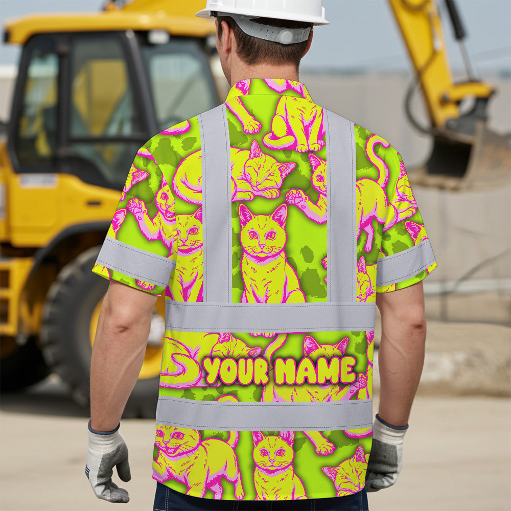 Hi Vis Hawaiian Shirt Reflective Tapes Yellow Pink Cat Custom Name Safety Workwear For Workers, Truckers, Operators