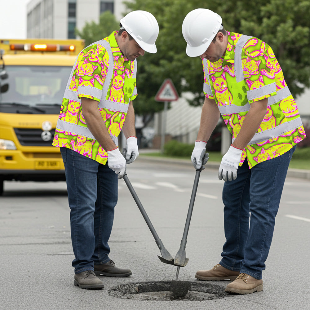 Hi Vis Hawaiian Shirt Reflective Tapes Yellow Pink Cat Custom Name Safety Workwear For Workers, Truckers, Operators