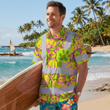 Hi Vis Hawaiian Shirt Reflective Tapes Yellow Pink Cat Custom Name Safety Workwear For Workers, Truckers, Operators