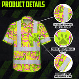 Hi Vis Hawaiian Shirt Reflective Tapes Yellow Pink Cat Custom Name Safety Workwear For Workers, Truckers, Operators