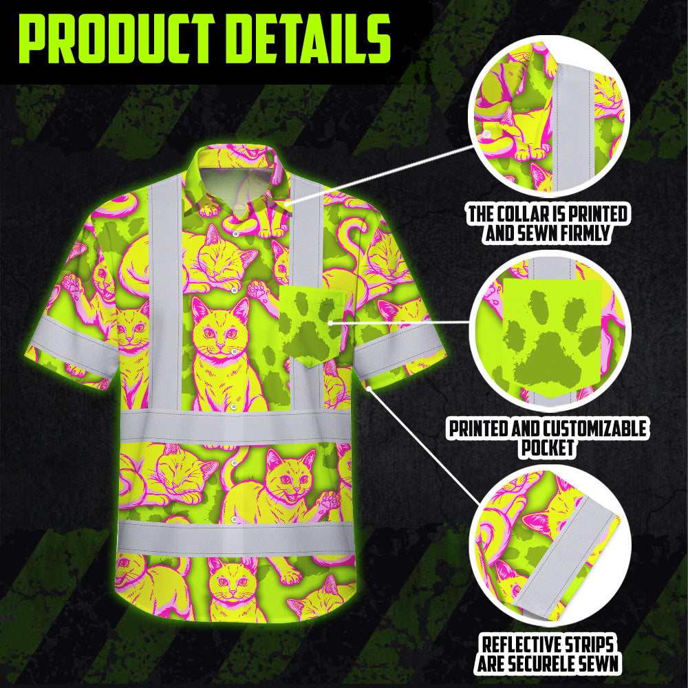 Hi Vis Hawaiian Shirt Reflective Tapes Yellow Pink Cat Custom Name Safety Workwear For Workers, Truckers, Operators