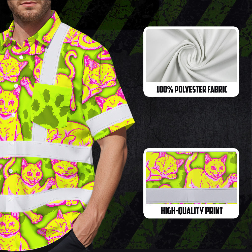 Hi Vis Hawaiian Shirt Reflective Tapes Yellow Pink Cat Custom Name Safety Workwear For Workers, Truckers, Operators