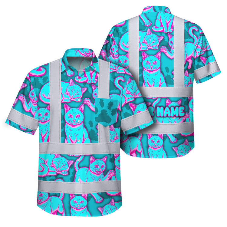 Blue Pink Cat Hi-Vis Hawaiian Shirt