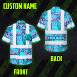 Hi Vis Hawaiian Shirt Reflective Tapes Blue Pink Cat Custom Name Safety Workwear For Workers, Truckers, Operators