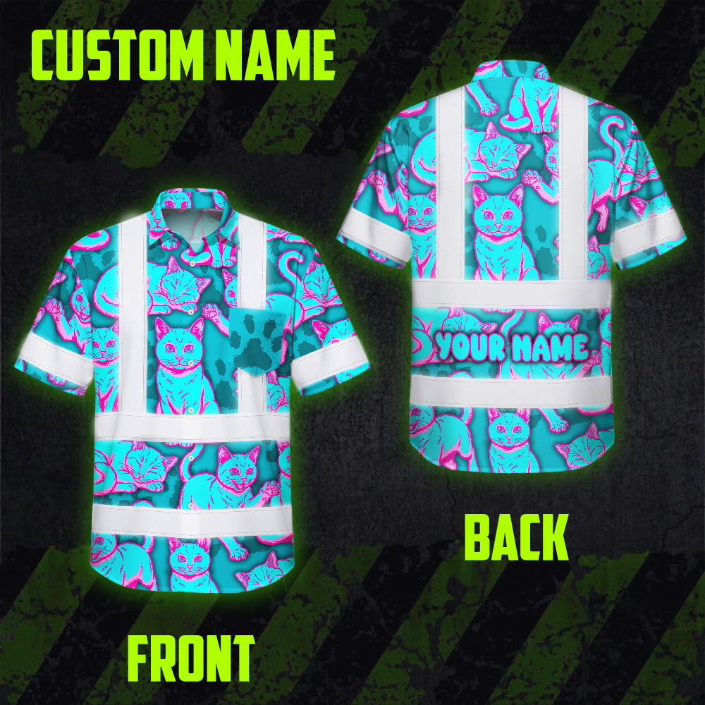 Hi Vis Hawaiian Shirt Reflective Tapes Blue Pink Cat Custom Name Safety Workwear For Workers, Truckers, Operators