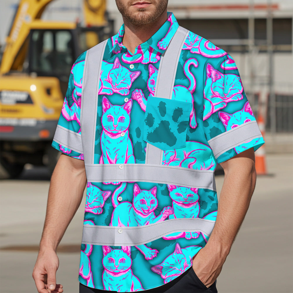 Hi Vis Hawaiian Shirt Reflective Tapes Blue Pink Cat Custom Name Safety Workwear For Workers, Truckers, Operators