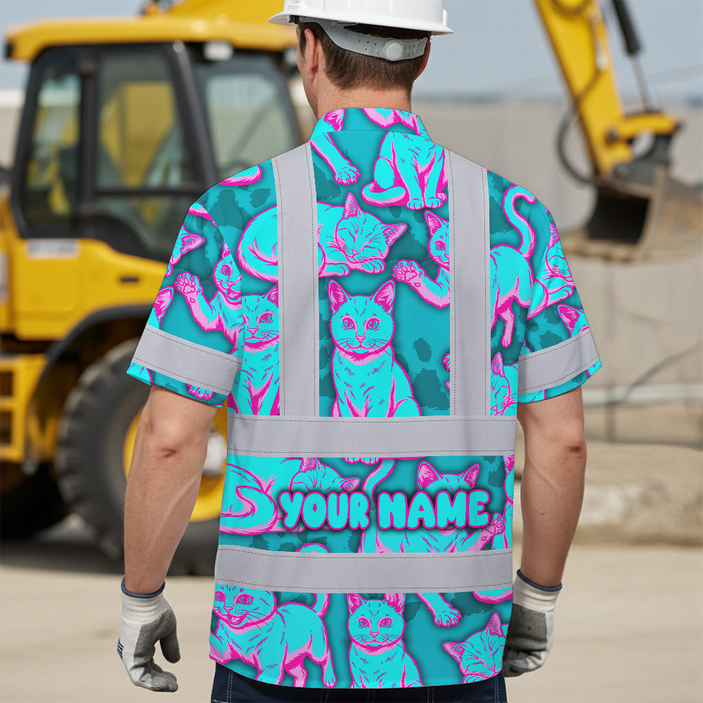 Hi Vis Hawaiian Shirt Reflective Tapes Blue Pink Cat Custom Name Safety Workwear For Workers, Truckers, Operators