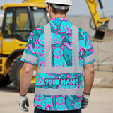Hi Vis Hawaiian Shirt Reflective Tapes Blue Pink Cat Custom Name Safety Workwear For Workers, Truckers, Operators