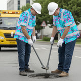 Hi Vis Hawaiian Shirt Reflective Tapes Blue Pink Cat Custom Name Safety Workwear For Workers, Truckers, Operators