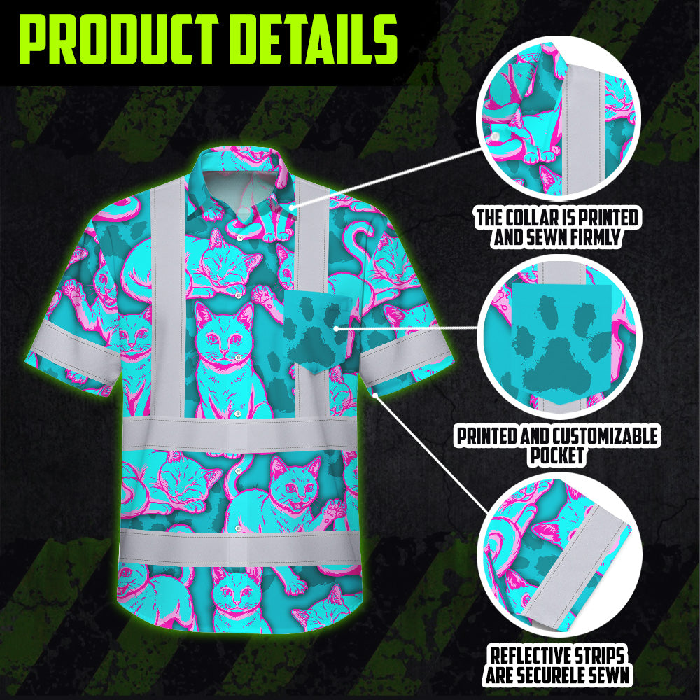 Hi Vis Hawaiian Shirt Reflective Tapes Blue Pink Cat Custom Name Safety Workwear For Workers, Truckers, Operators