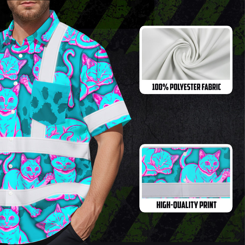 Hi Vis Hawaiian Shirt Reflective Tapes Blue Pink Cat Custom Name Safety Workwear For Workers, Truckers, Operators