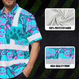 Hi Vis Hawaiian Shirt Reflective Tapes Blue Pink Cat Custom Name Safety Workwear For Workers, Truckers, Operators