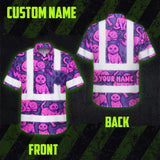 Hi Vis Hawaiian Shirt Reflective Tapes Violet Pink Cat Custom Name Safety Workwear For Workers, Truckers, Operators