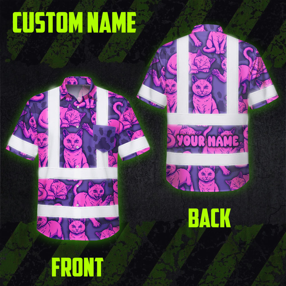Hi Vis Hawaiian Shirt Reflective Tapes Violet Pink Cat Custom Name Safety Workwear For Workers, Truckers, Operators