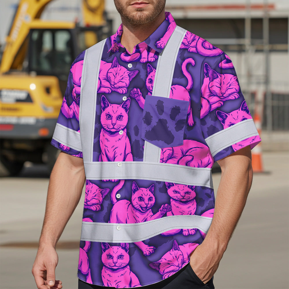 Hi Vis Hawaiian Shirt Reflective Tapes Violet Pink Cat Custom Name Safety Workwear For Workers, Truckers, Operators