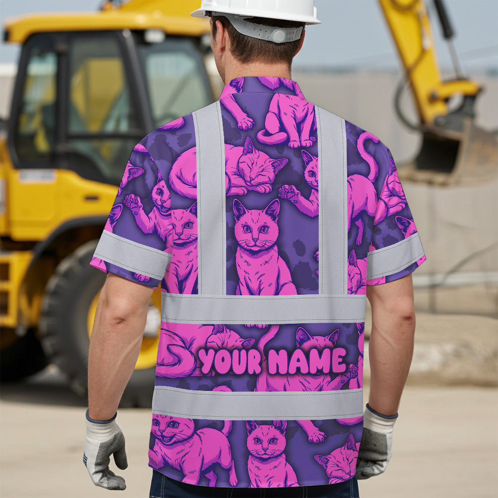 Hi Vis Hawaiian Shirt Reflective Tapes Violet Pink Cat Custom Name Safety Workwear For Workers, Truckers, Operators