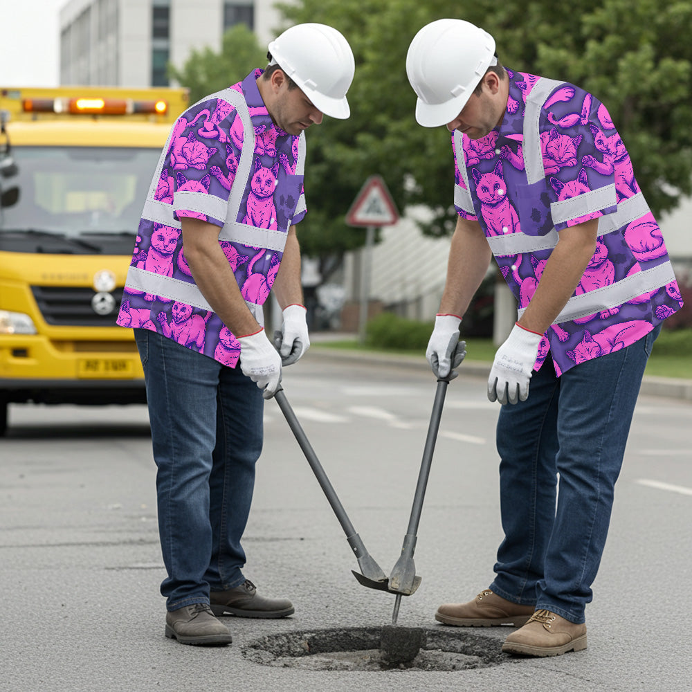 Hi Vis Hawaiian Shirt Reflective Tapes Violet Pink Cat Custom Name Safety Workwear For Workers, Truckers, Operators
