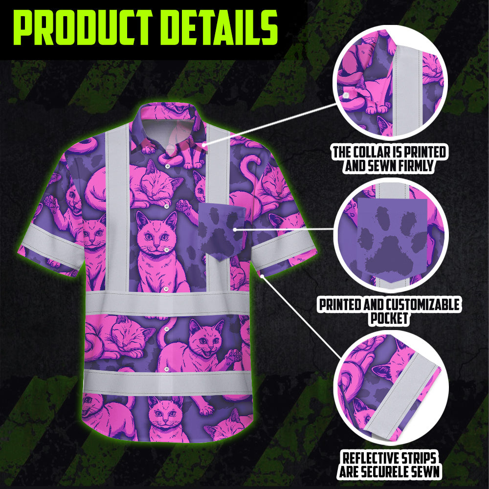 Hi Vis Hawaiian Shirt Reflective Tapes Violet Pink Cat Custom Name Safety Workwear For Workers, Truckers, Operators