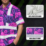 Hi Vis Hawaiian Shirt Reflective Tapes Violet Pink Cat Custom Name Safety Workwear For Workers, Truckers, Operators