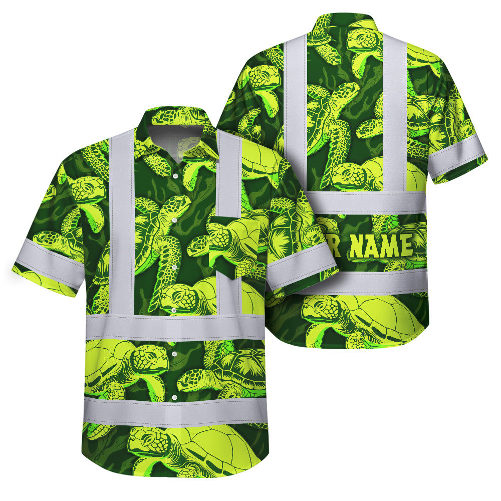 Hi Vis Hawaiian Shirt Reflective Tapes Green Lime Turtle Custom Name Safety Workwear For Workers, Truckers, Operators