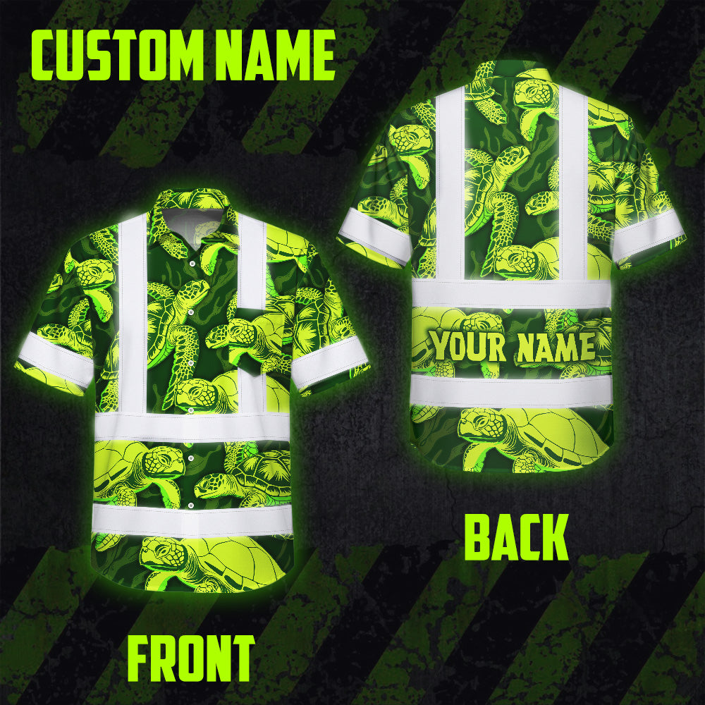 Hi Vis Hawaiian Shirt Reflective Tapes Green Lime Turtle Custom Name Safety Workwear For Workers, Truckers, Operators