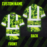 Hi Vis Hawaiian Shirt Reflective Tapes Green Lime Turtle Custom Name Safety Workwear For Workers, Truckers, Operators