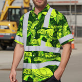 Hi Vis Hawaiian Shirt Reflective Tapes Green Lime Turtle Custom Name Safety Workwear For Workers, Truckers, Operators